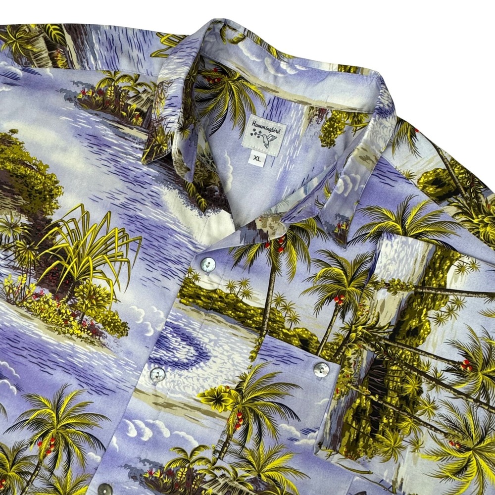 Hummingbird Button Down Shirt Men XL Tropical Island Palm Tree Aloha Resortwear